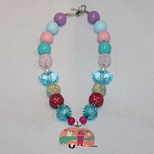 chunky colorful plastic bead necklace with enamel camper pendant bubblegum
